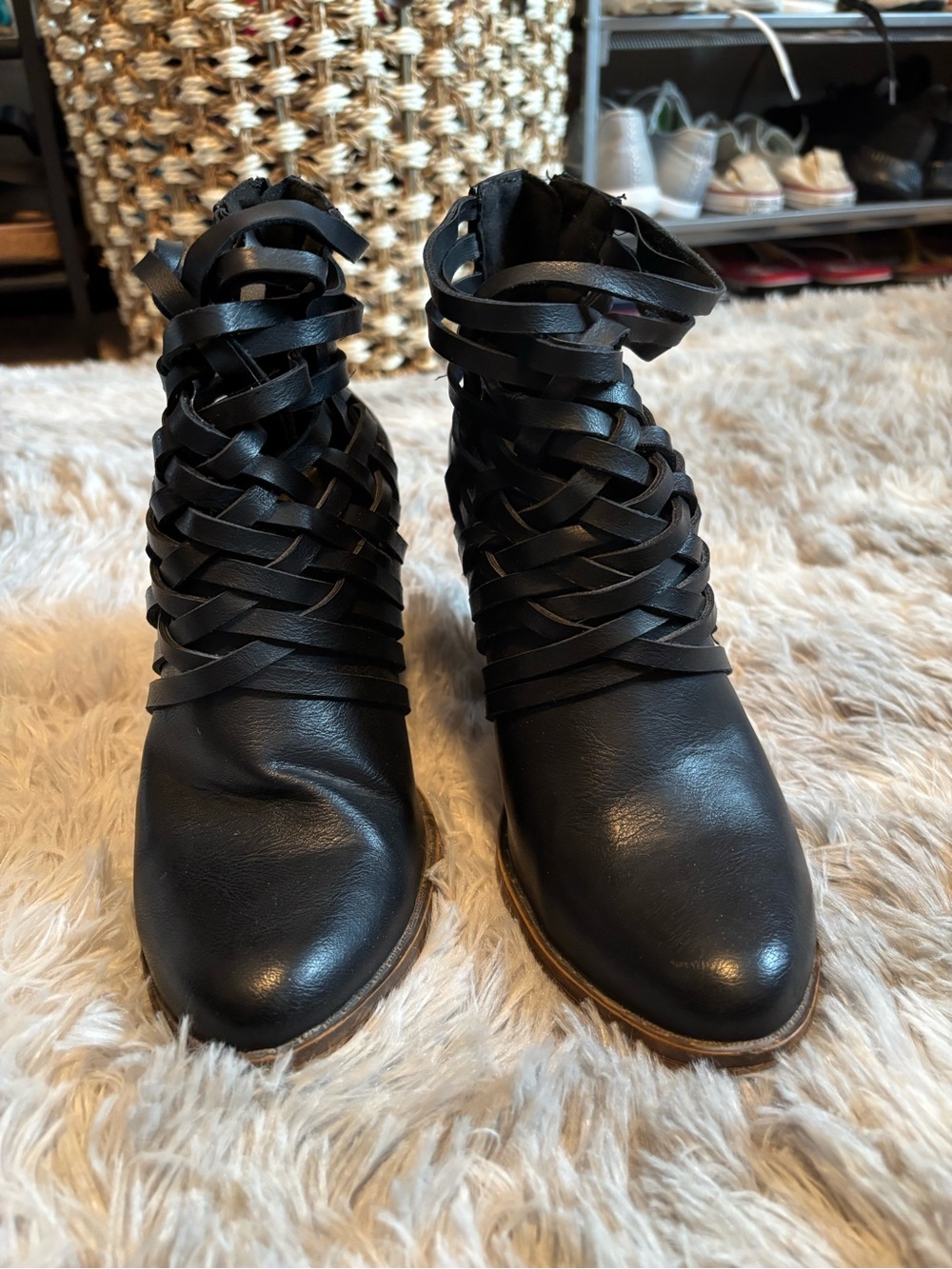 Women's Fergalicious Black Woven Leather Ankle Booties - Stylish Wrap Detail